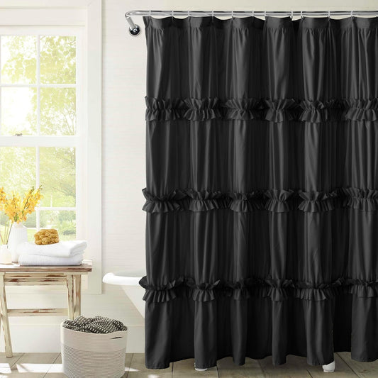 Farmhouse Ruffle Shower Curtain, Black, 72 x 72 in