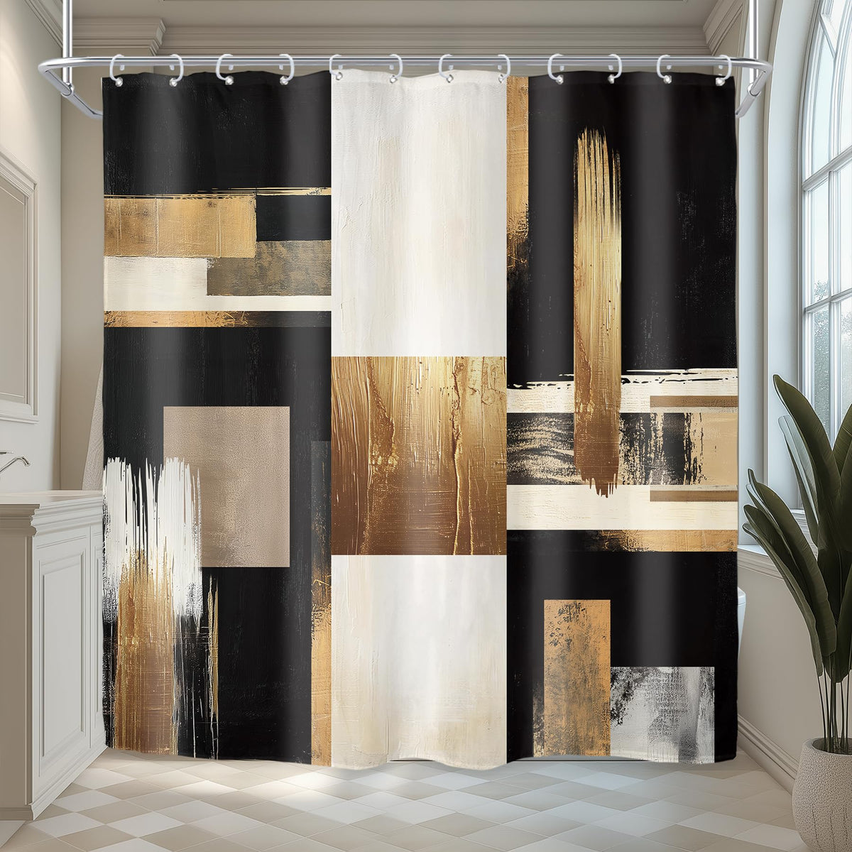 Black Gold Abstract Modern Oil 4Pcs Bathroom Shower Curtain Set with Rugs