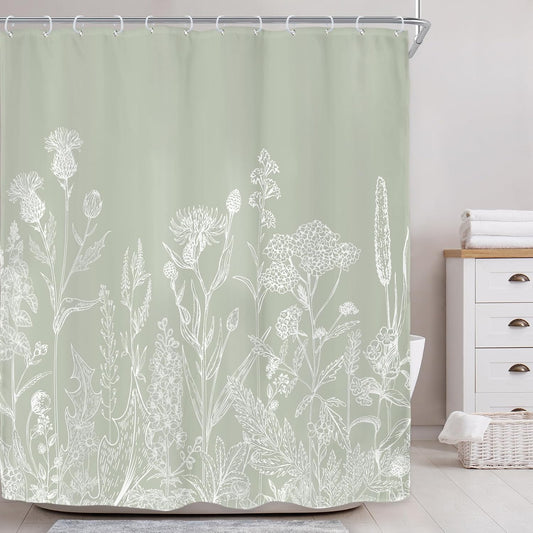 Sage Green Floral Wildflower Plant Herbs Nature Bathroom Shower Curtain Set
