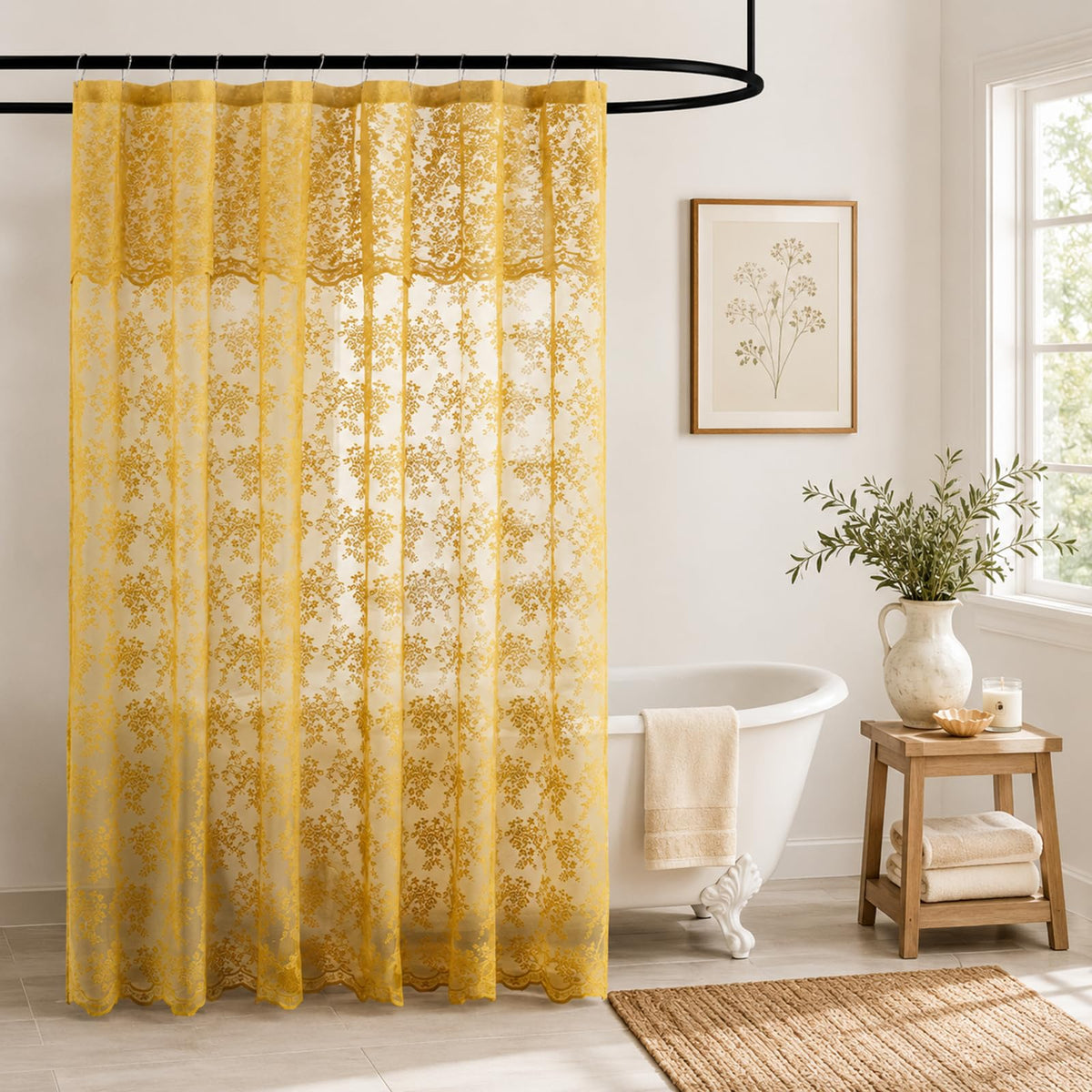 Ivory Lace Shower Curtain 72x72, Vintage Shabby Chic with Attached Valance