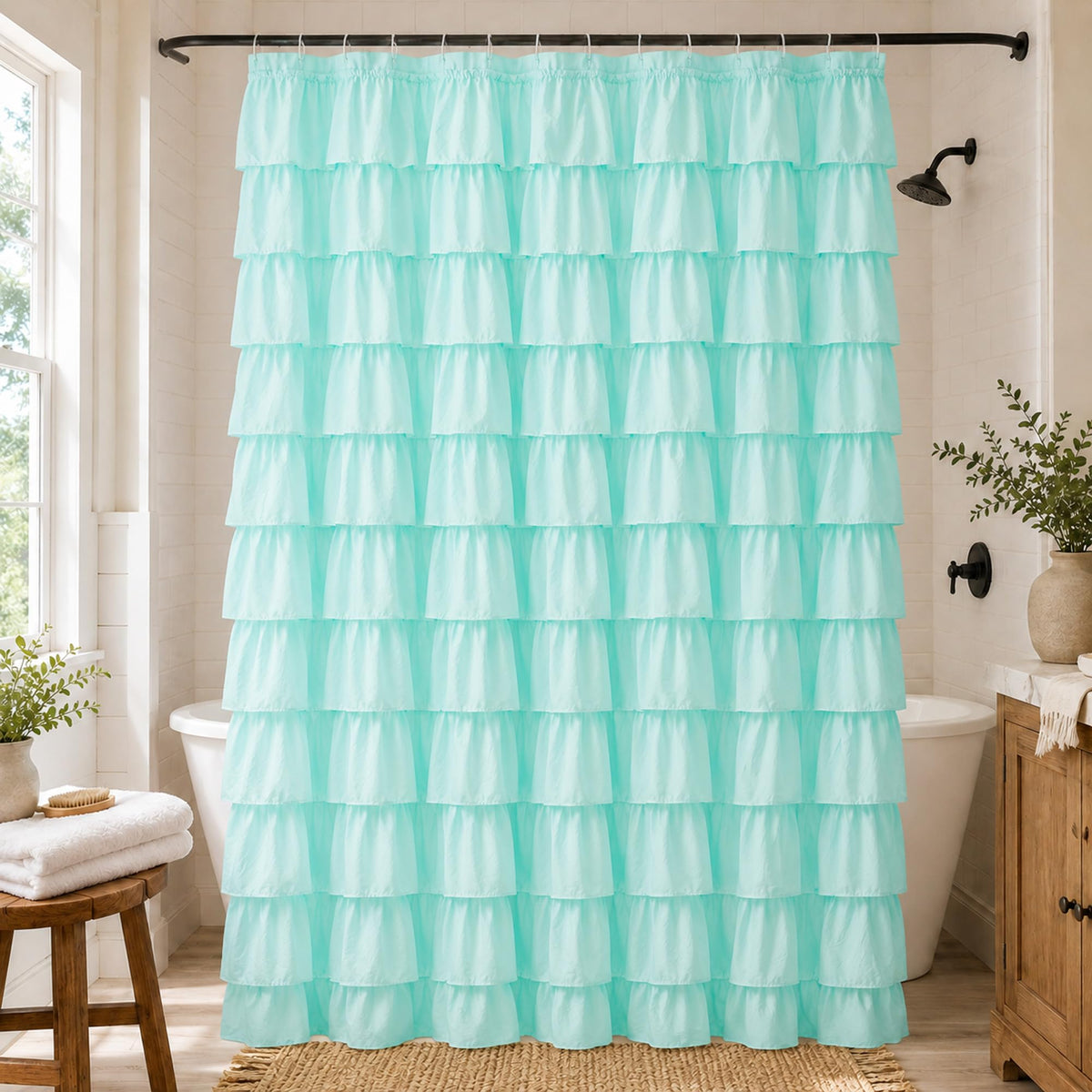 White Ruffle Shower Curtain for Bathroom,72 x 72 Inches, Farmhouse Style