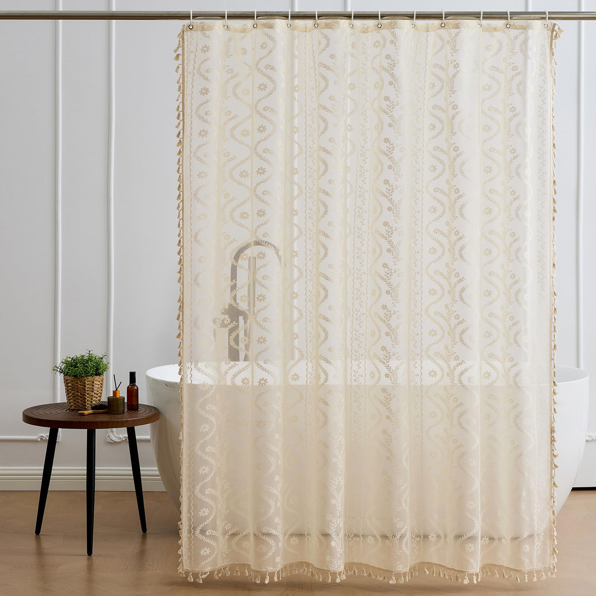 WAZZIO Terracotta Lace Shower Curtain for Bathroom 72" W x 84" L, Victorian Farmhouse Floral Pattern Tassel Fancy Shower Curtain Boho Washable Cloth Decorative Bath Curtains,1 Panel