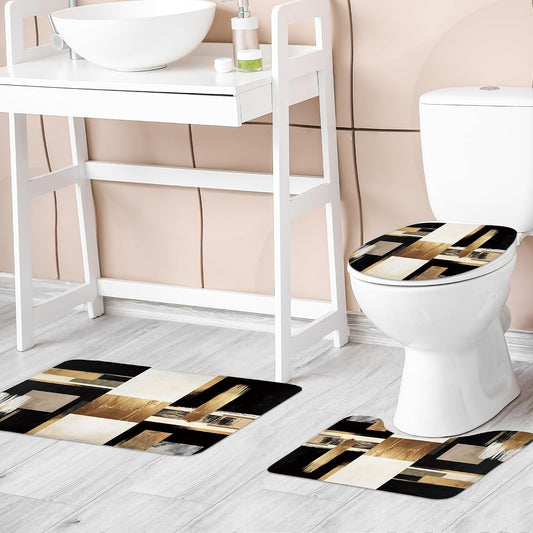 Black Gold Abstract Modern Oil 4Pcs Bathroom Shower Curtain Set with Rugs