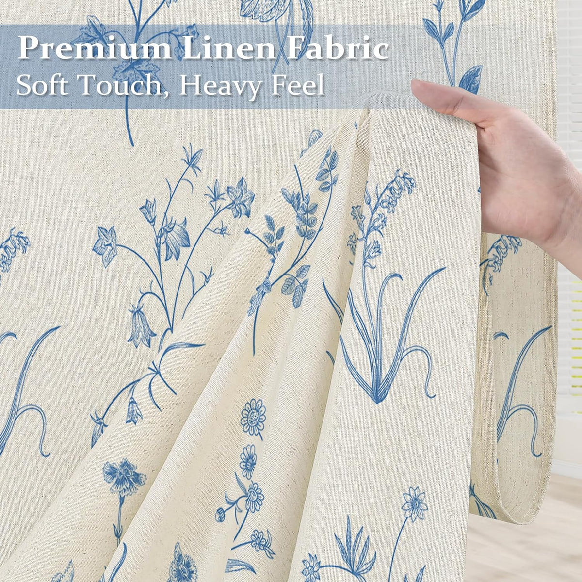 MitoVilla Blue Boho Linen Shower Curtain - Floral Farmhouse Curtain 72x72
