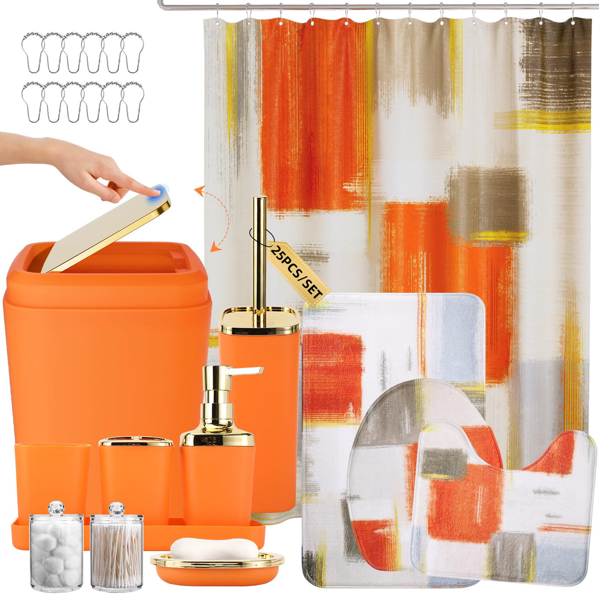 XLHOMO Bathroom Accessories Set - 25PC Bathroom Set with Shower Curtain and Rugs, Pink Bathroom Set, Bathroom Accessory Set with Press-on Lid Trash Can, Soap Dispenser and Qtip Holders