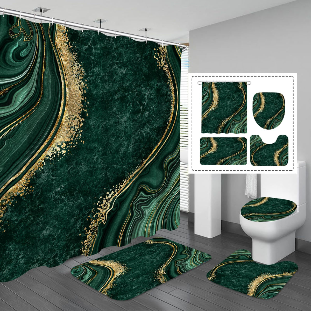 Gibelle 4 Pcs Luxury Marble Shower Curtain Set with Non-Slip Rugs, Toilet Lid Cover and Bath Mat, Black Gold Bathroom Decor Set with Shower Curtain and Rugs and Accessories