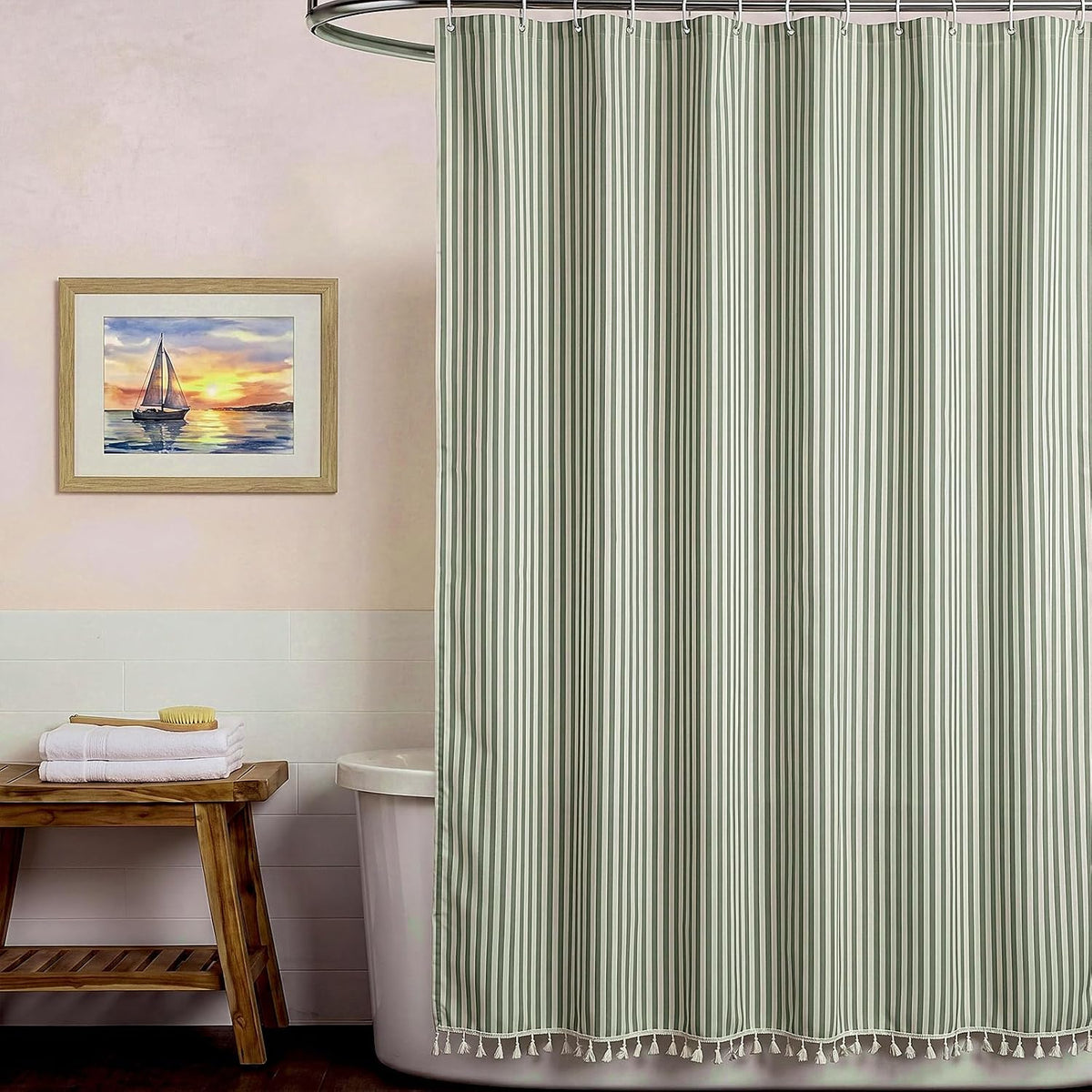 HunnmingRe Sage Green Farmhouse Striped Shower Curtain Tasseled 72x72 Inch