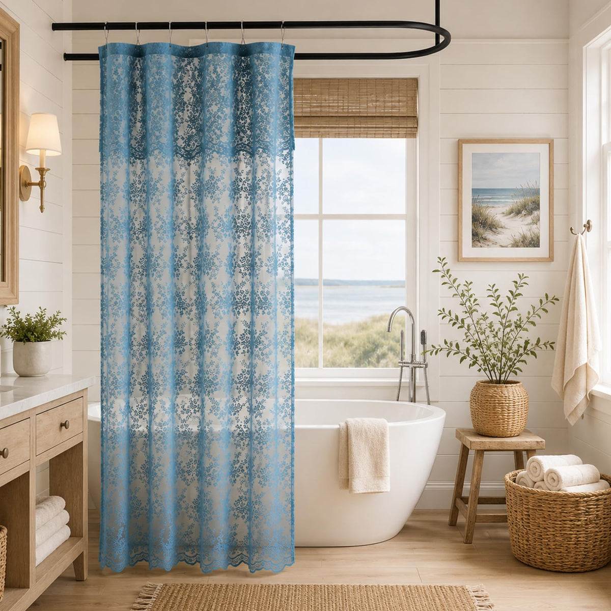 TUDECO Black Lace Shower Curtain with Valance, Gothic Style, 72 x 72 Inch