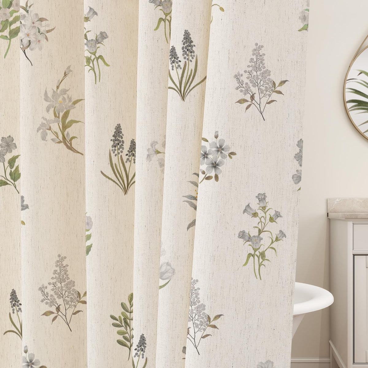 Floral Linen Shower Curtain, Spring Vintage Farmhouse Style, 72x72