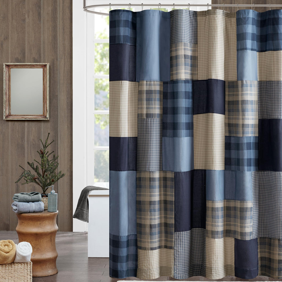 Woolrich Winter Hills 100% Cotton Shower Curtain, Cabin Lodge Plaid Pieced Design, Farmhouse Bathroom Decor, Machine Washable, Fabric Privacy Screen 72x72, Tan/Blue