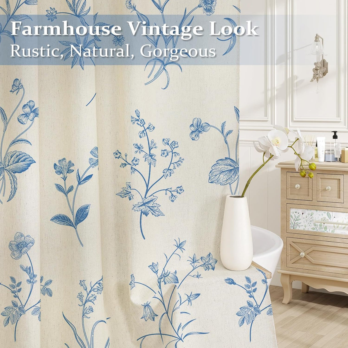 MitoVilla Blue Boho Linen Shower Curtain - Floral Farmhouse Curtain 72x72