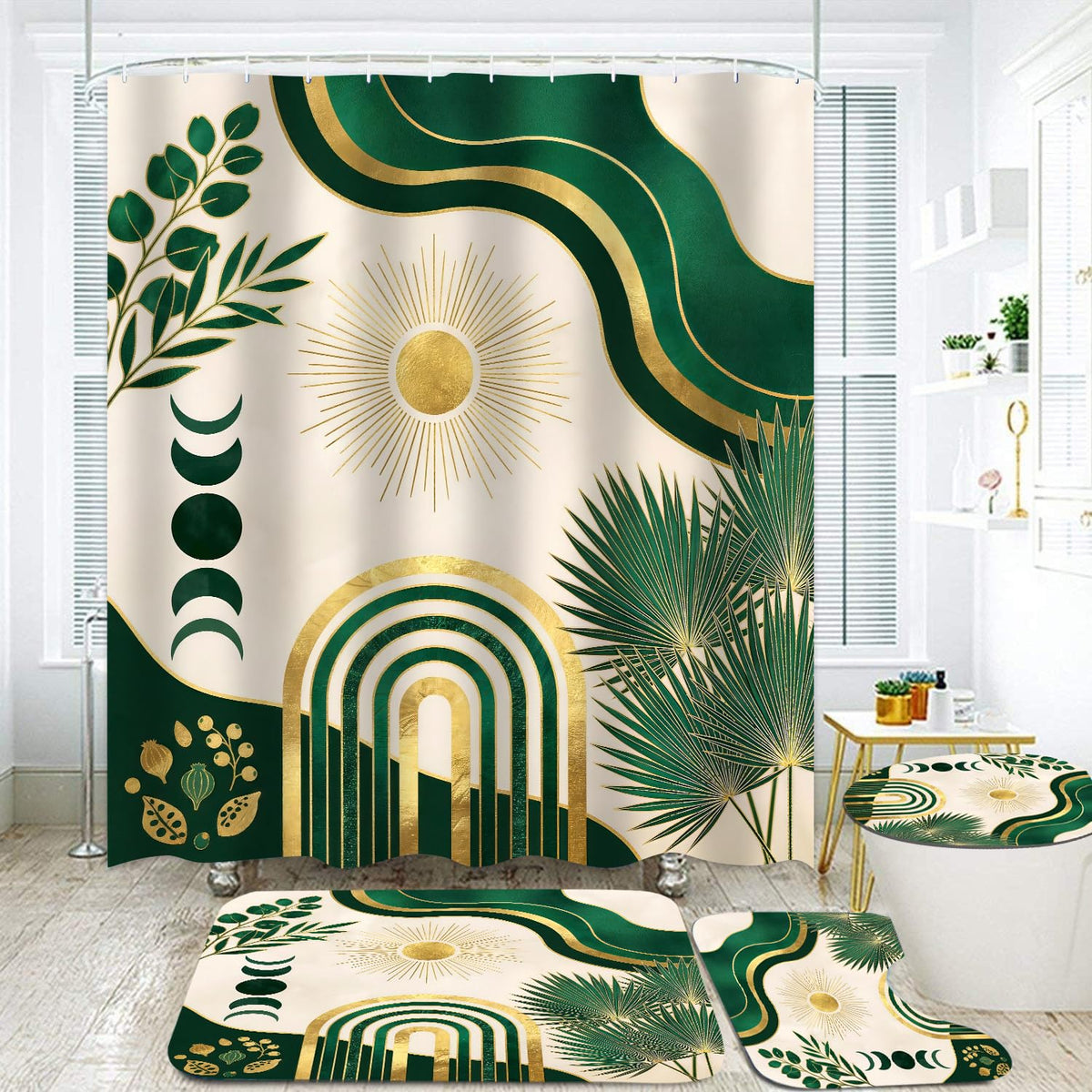 LQCOOL 4pcs Boho Shower Curtain Set with Rugs Green Leaf Bathroom Set