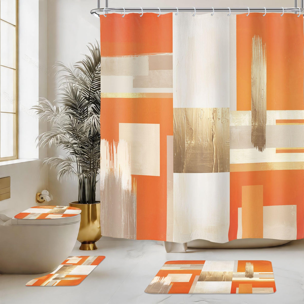 Black Gold Abstract Modern Oil 4Pcs Bathroom Shower Curtain Set with Rugs