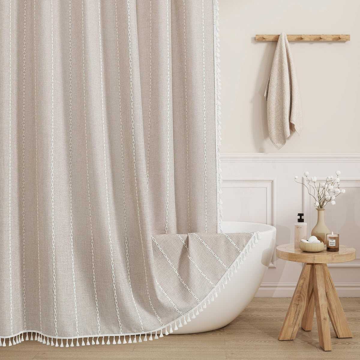 Boho Farmhouse Tassel Linen Shower Curtain,3D Embroidery Stripe Blue,72x72