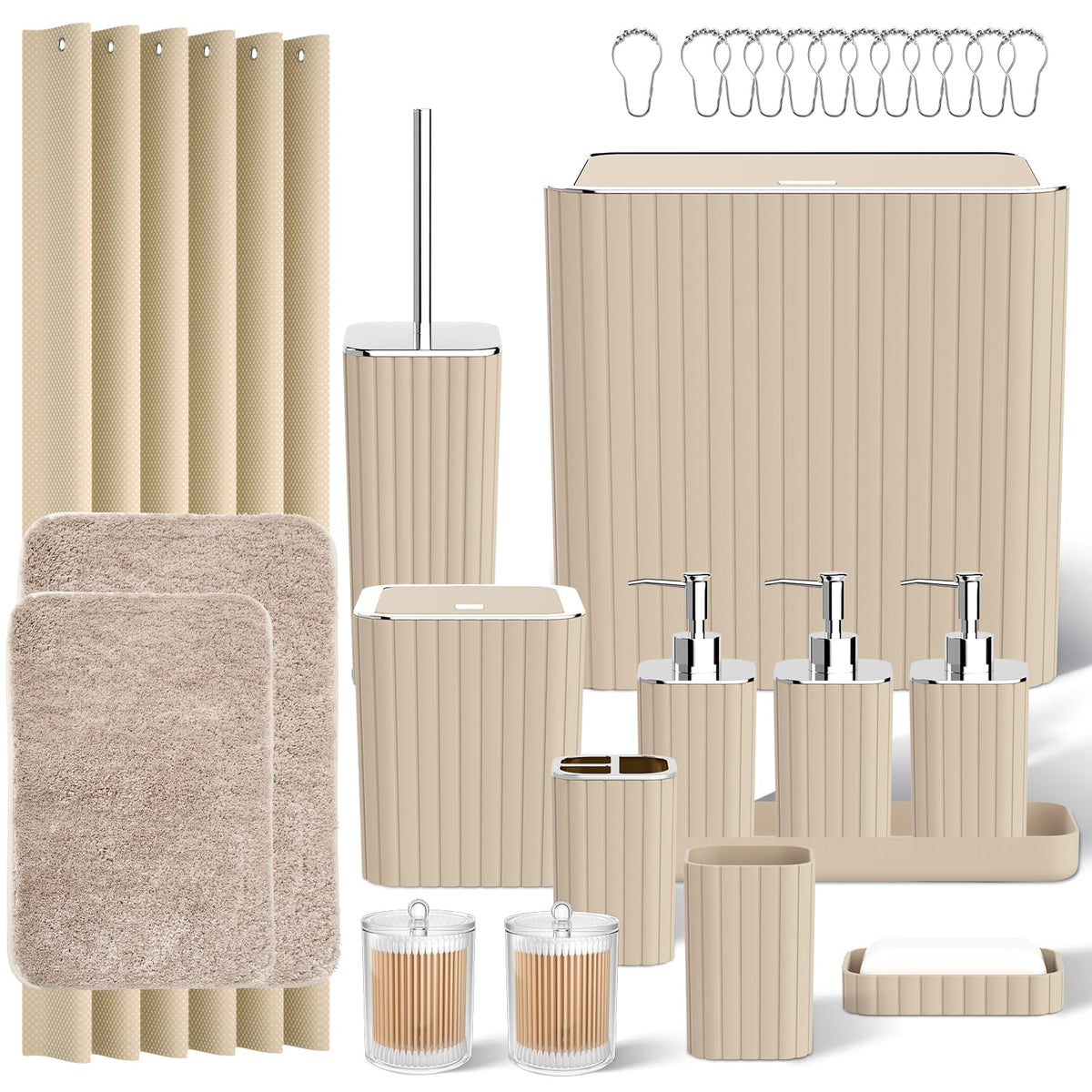 Bathroom Sets with Shower Curtain and Rugs - Elegant Bathroom Set, 27PC Bathroom Accessories Set, Green Bathroom Set, Mini Trash Can, Toilet Brush, Trash Can & Soap Dispenser