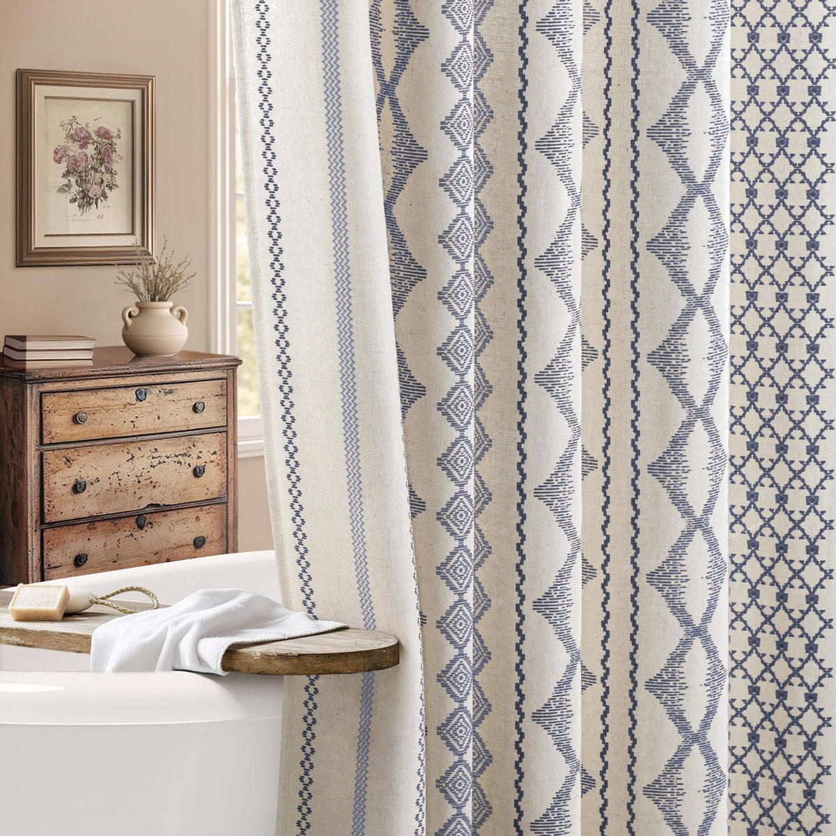 Natural Linen Boho Shower Curtain,72" W x 72" L