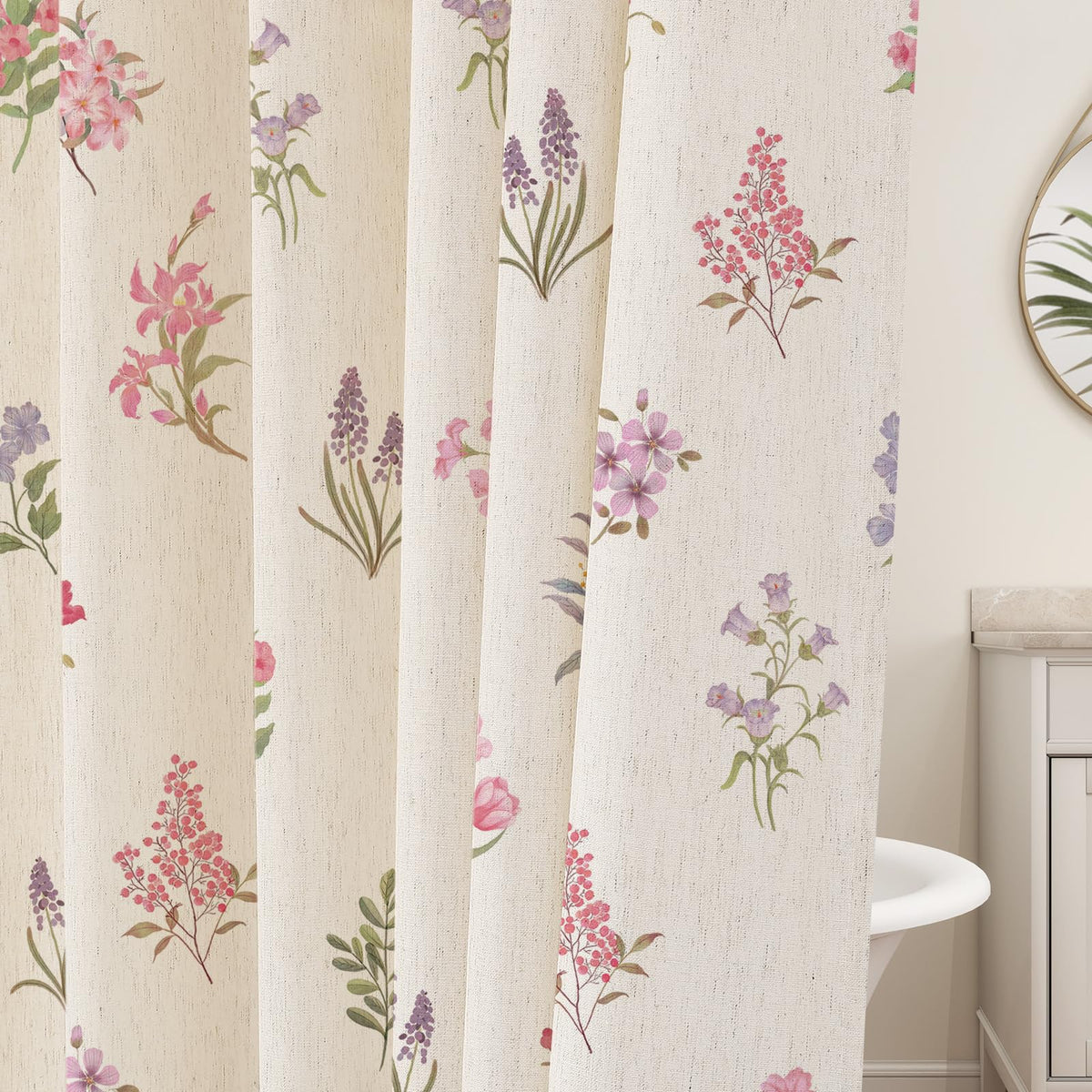 Floral Linen Shower Curtain, Spring Vintage Farmhouse Style, 72x72