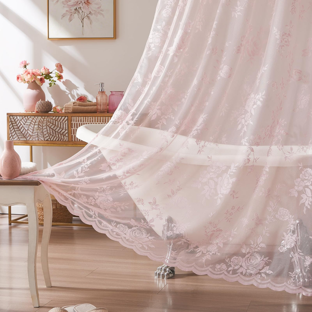 Beige Lace Shower Curtain with Attached Valance Decorative Vintage Floral Shower Curtain for Bathroom Spa Boho Cottagecore Decor Scalloped Edge Shabby Chic Bath Curtains Spa-like Hotel, 72 x 72 Inch