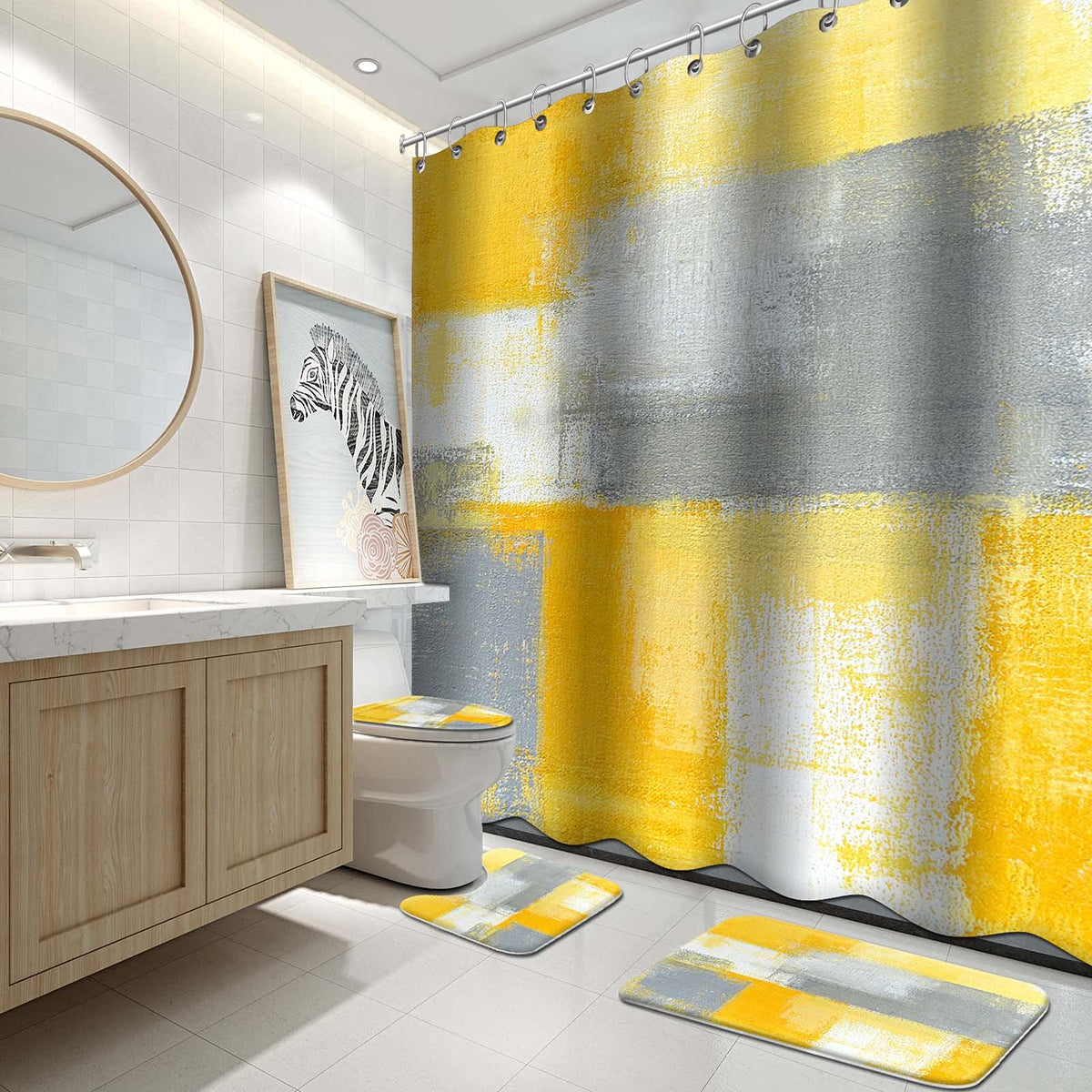 Lnond 4Pcs Bathroom Shower Curtain Sets with Rugs,Orange Modern Painting Art Bathroom Sets with Shower Curtain and Rugs and Accessories