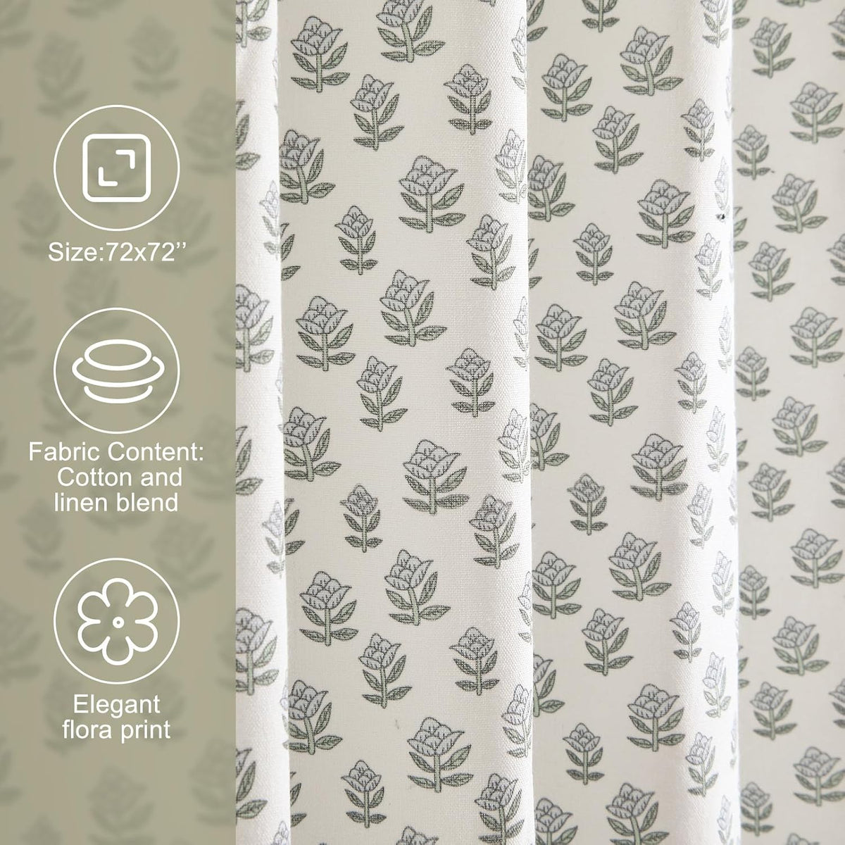 Mindsoft Toile Shower Curtain 72" x 72" Block Print Green and White Begonia