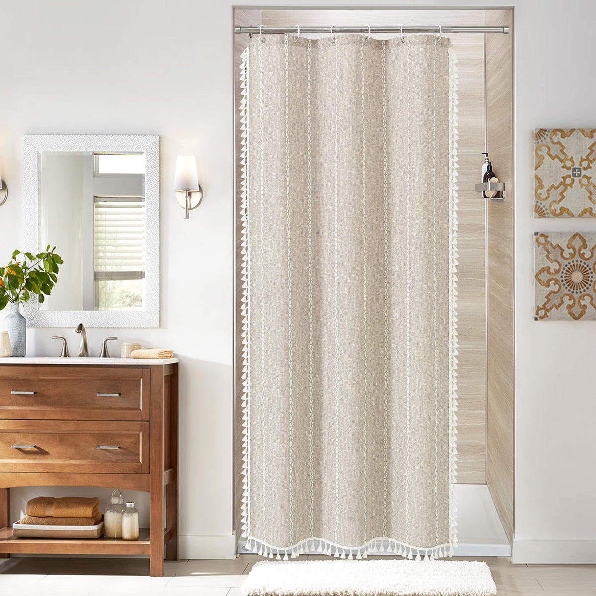Boho Farmhouse Tassel Linen Shower Curtain,3D Embroidery Stripe Blue,72x72