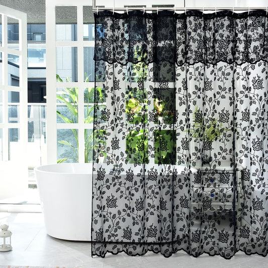Black Lace Shower Curtain with Attached Valance, 72 x 72 Inch, 1 Panel