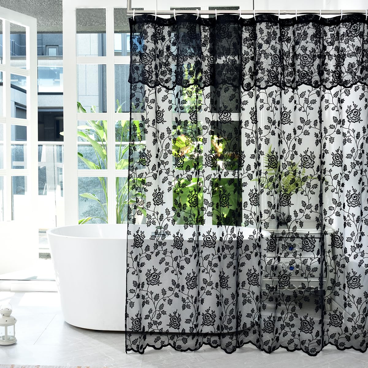 Black Lace Shower Curtain with Attached Valance, 72 x 72 Inch, 1 Panel