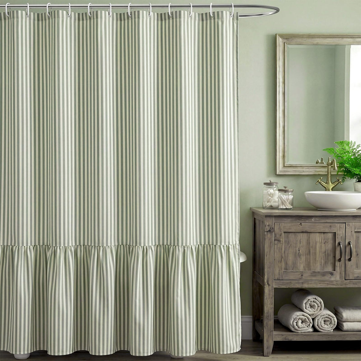 HunnmingRe Sage Green Farmhouse Striped Shower Curtain Tasseled 72x72 Inch