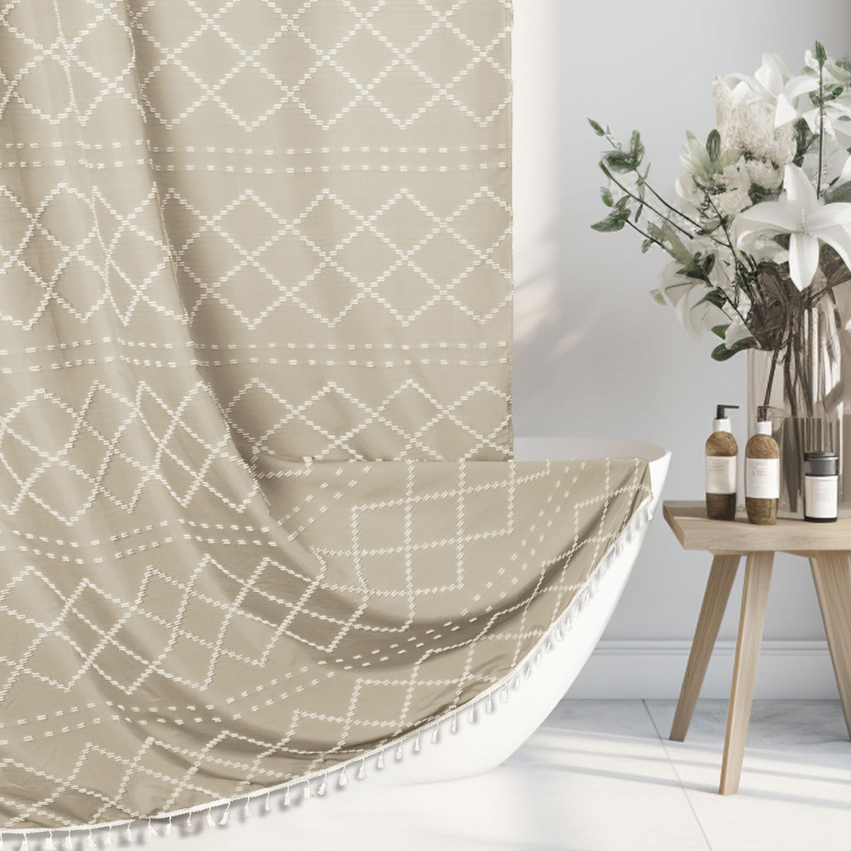 Siiluminisoy Sage Green Boho Shower Curtain Fabric Shower Curtain, 72 x 72 Tufted Chevron Textured Striped Modern Farmhouse Minimalist Cloth for Bathroom