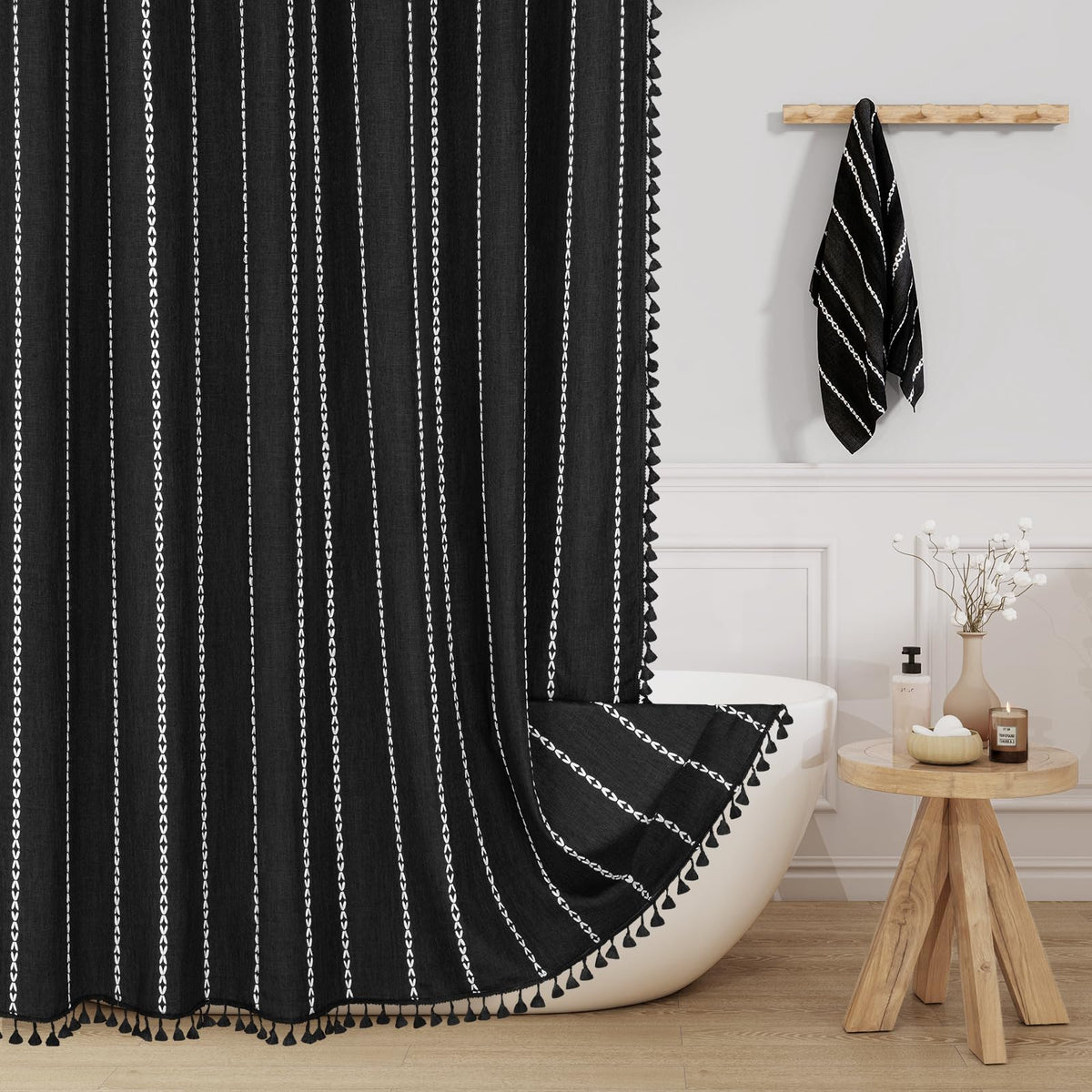 Boho Farmhouse Tassel Linen Shower Curtain,3D Embroidery Stripe Blue,72x72