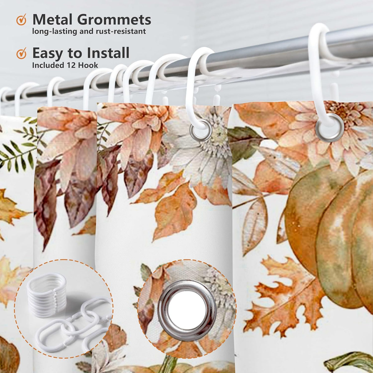 MEHOFOND Fall PumpkinsShower Curtain Autumn Watercolor Floral Bath Curtain