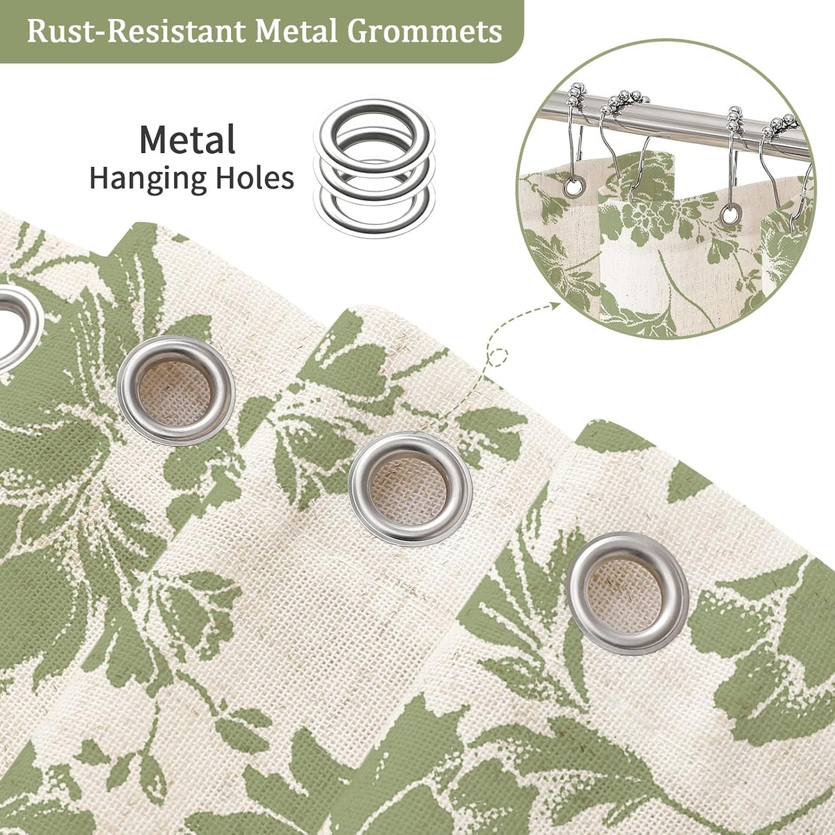 Sage Farmhouse Boho Botanical Floral Linen Shower Curtain, 72x72
