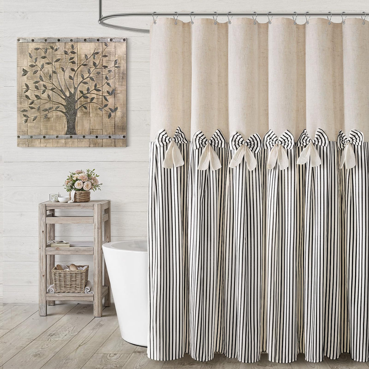 Farmhouse Shower Curtain Linen Beige Button Brown Stripe 72"W x 72"L