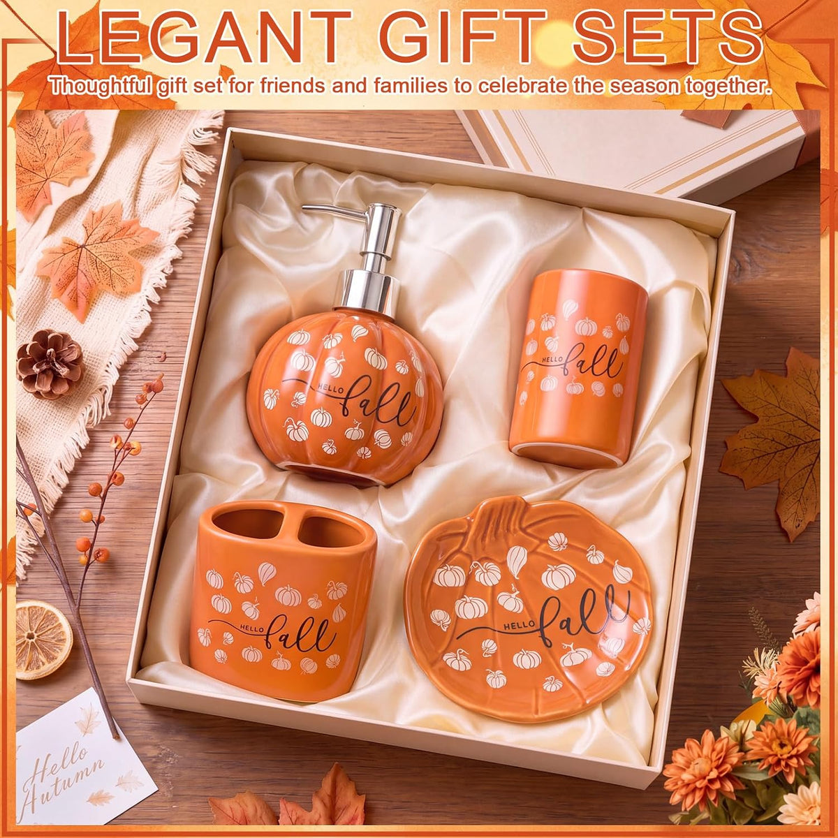 Domensi 4 Pcs Pumpkin Bathroom Ceramic Accessories Set Fall Bathroom Decor Include Lotion Dispenser Toothbrush Holder Tumbler Soap Dish for Home Bath Kitchen Decoration