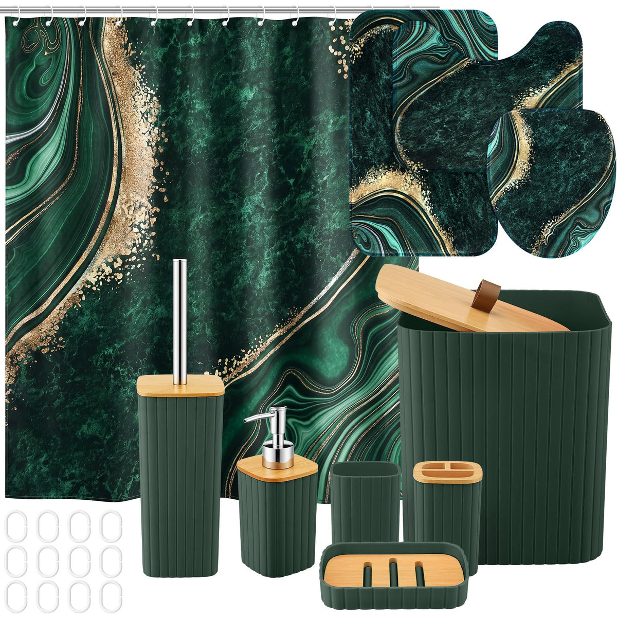 Patelai 10 Pcs Black and Gold Marble Bathroom Decor Set with Shower Curtain