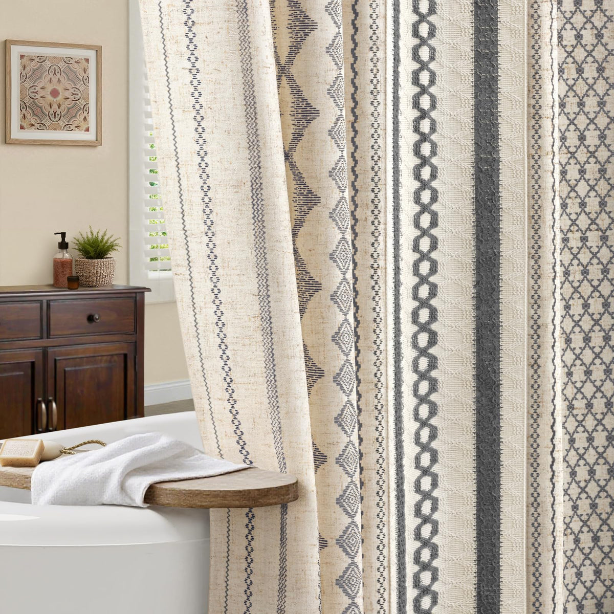 Natural Linen Boho Shower Curtain,72" W x 72" L