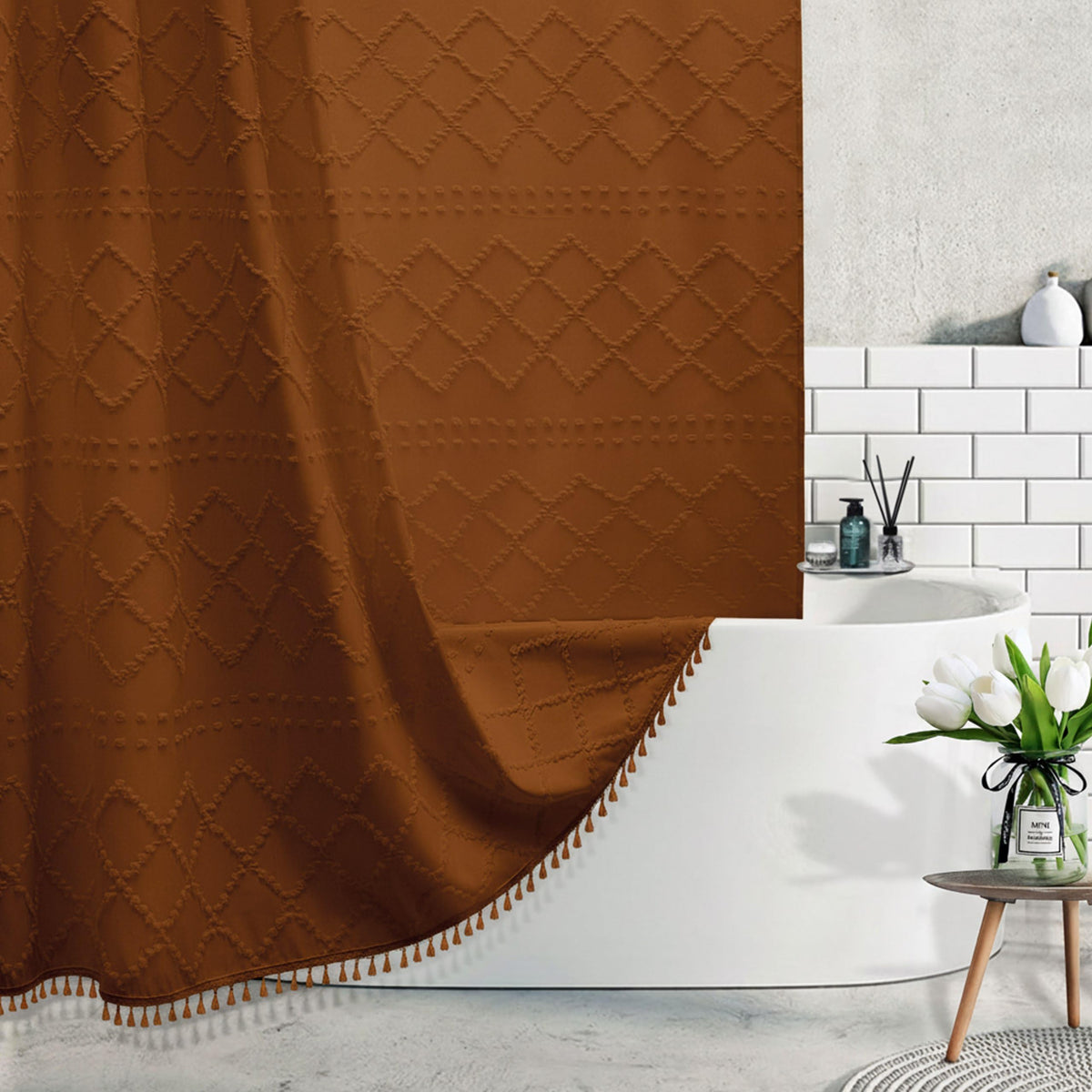 Siiluminisoy Sage Green Boho Shower Curtain Fabric Shower Curtain, 72 x 72 Tufted Chevron Textured Striped Modern Farmhouse Minimalist Cloth for Bathroom