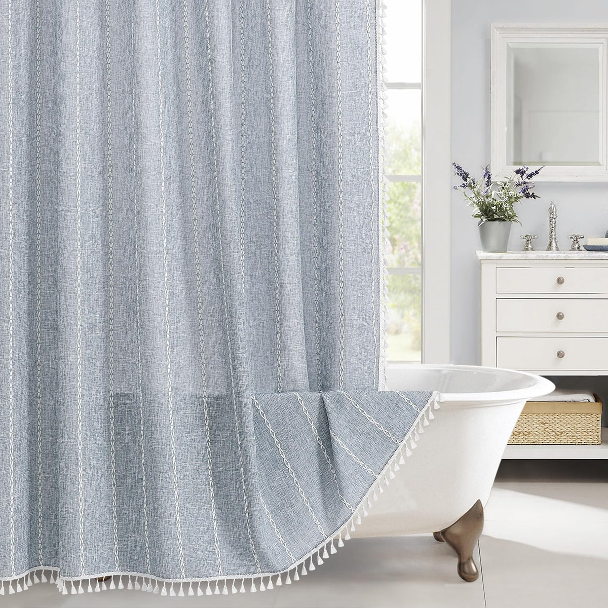 Boho Farmhouse Tassel Linen Shower Curtain,3D Embroidery Stripe Blue,72x72