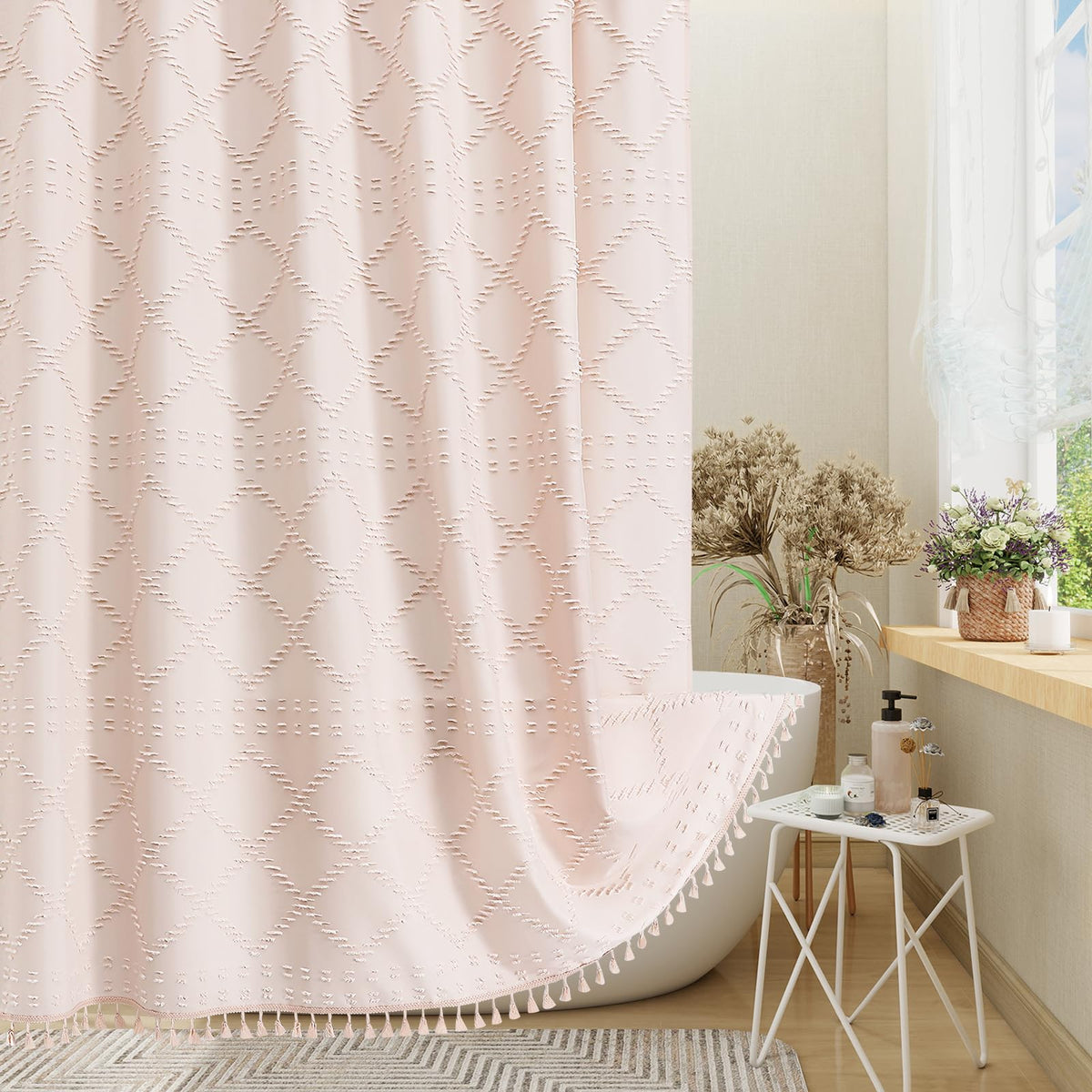 Blue Boho Woven Fabric Shower Curtain with Tassel 72 x 72, Tufted Textured