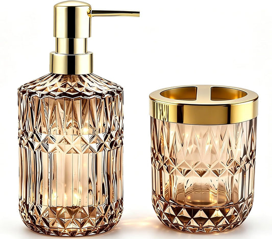 2PCS Brown Glass Bathroom Set, Soap Dispenser & Toothbrush Holder, Vintage