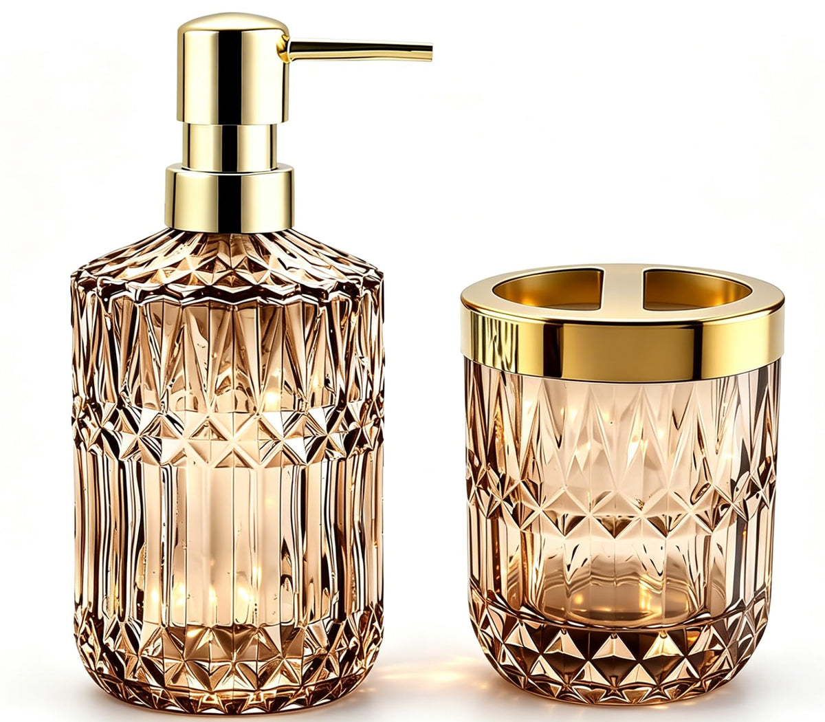 2PCS Brown Glass Bathroom Set, Soap Dispenser & Toothbrush Holder, Vintage