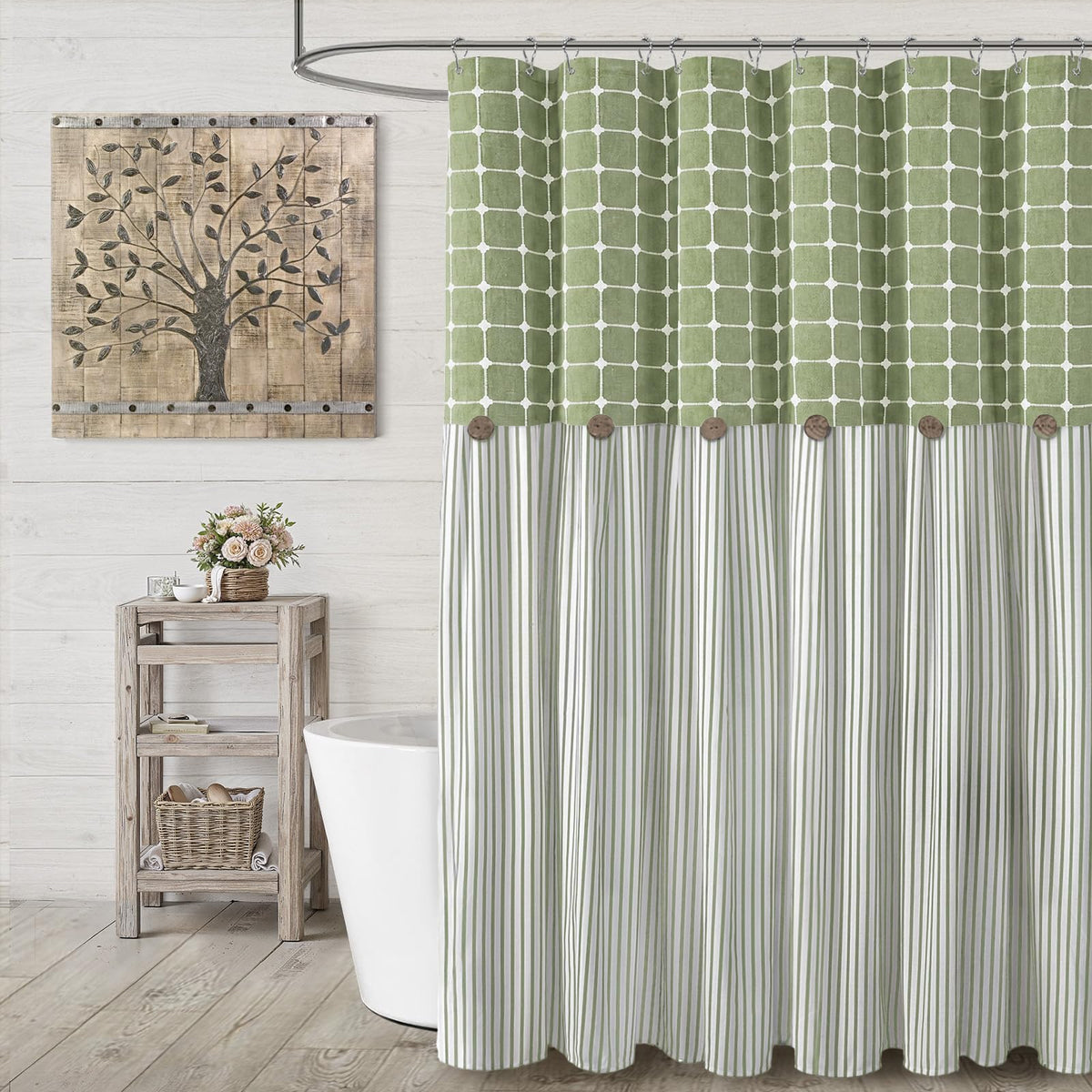 Farmhouse Shower Curtain Linen Beige Button Brown Stripe 72"W x 72"L