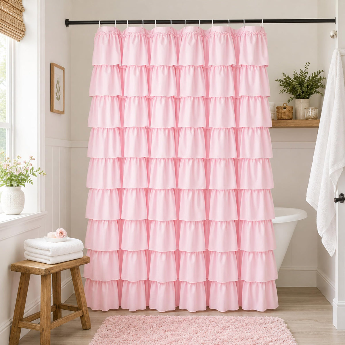 White Ruffle Shower Curtain for Bathroom,72 x 72 Inches, Farmhouse Style