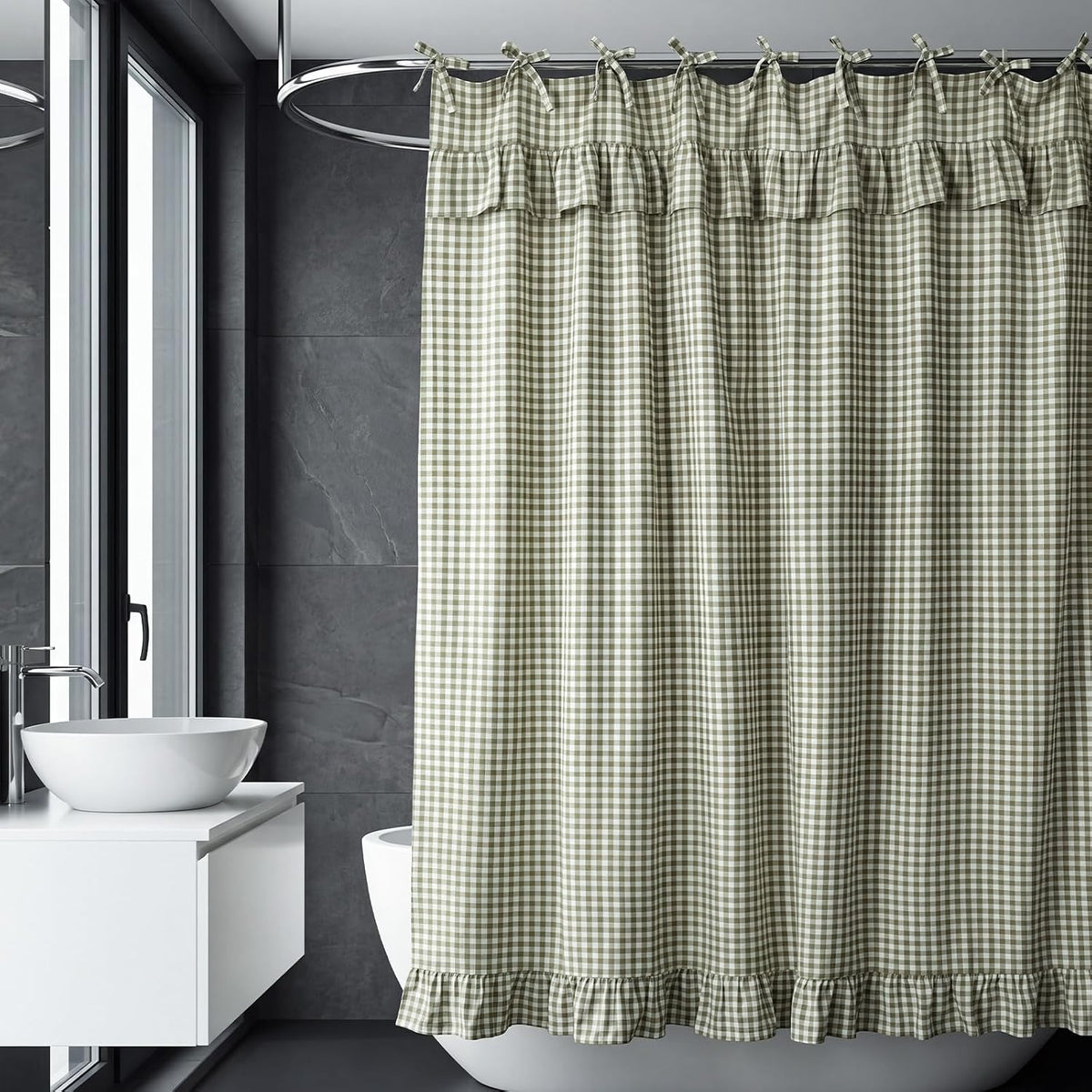 Sage Green Gingham Ruffle Shower Curtain 72x72 Cotton Fabric