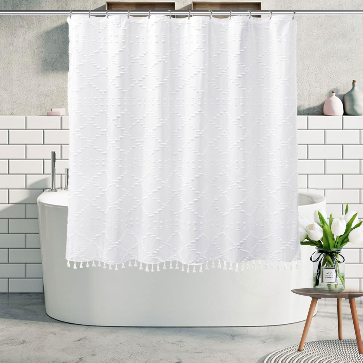 Siiluminisoy Sage Green Boho Shower Curtain Fabric Shower Curtain, 72 x 72 Tufted Chevron Textured Striped Modern Farmhouse Minimalist Cloth for Bathroom