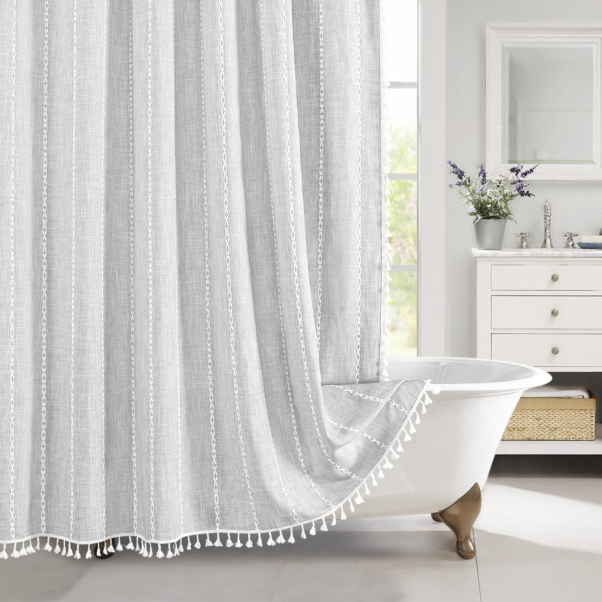 Boho Farmhouse Tassel Linen Shower Curtain,3D Embroidery Stripe Blue,72x72
