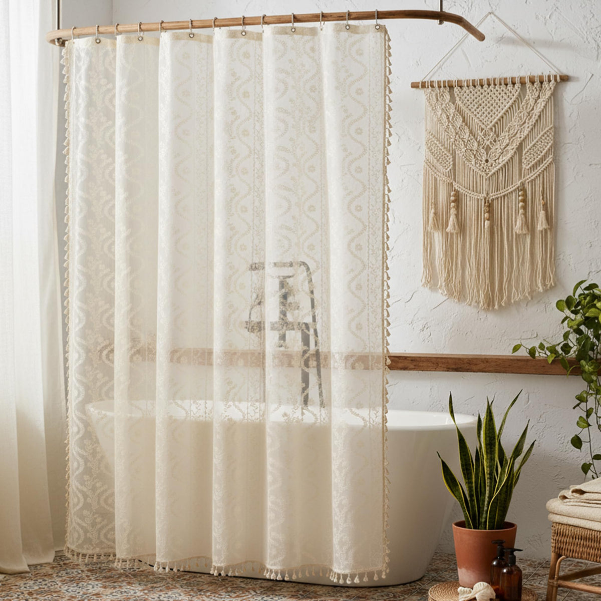 WAZZIO Terracotta Lace Shower Curtain for Bathroom 72" W x 84" L, Victorian Farmhouse Floral Pattern Tassel Fancy Shower Curtain Boho Washable Cloth Decorative Bath Curtains,1 Panel