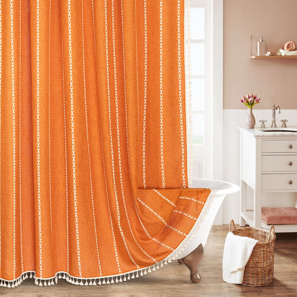 Boho Farmhouse Tassel Linen Shower Curtain,3D Embroidery Stripe Blue,72x72