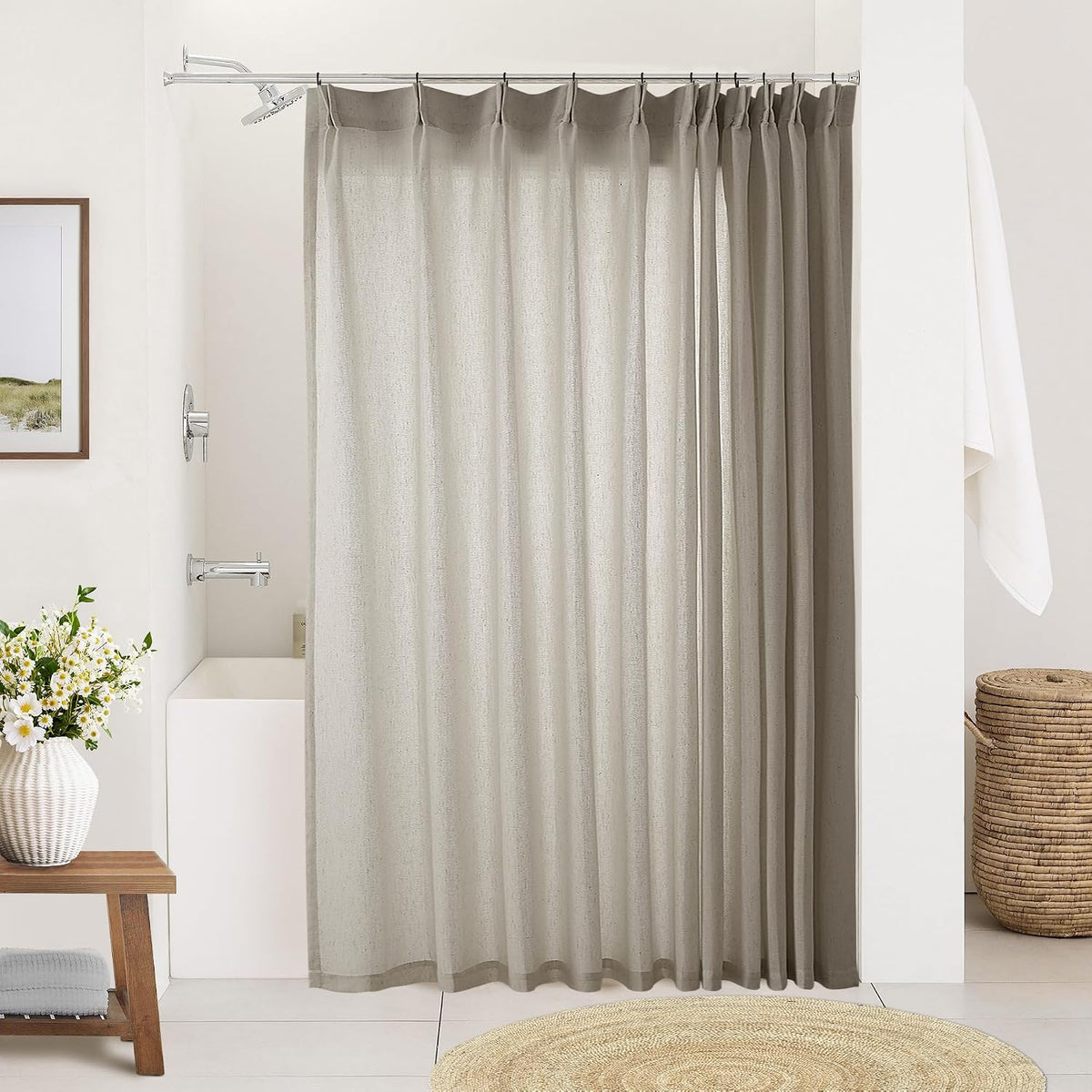 72 Inch Linen Pleated Shower Curtain Burlywood Birch Semi Sheer