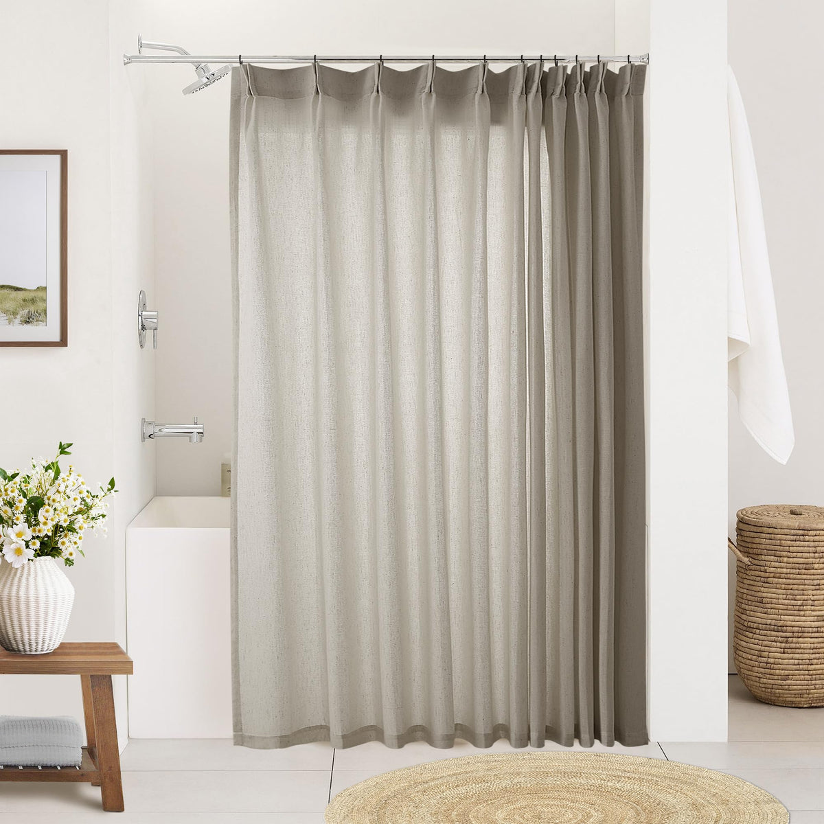 72 Inch Linen Pleated Shower Curtain Burlywood Birch Semi Sheer
